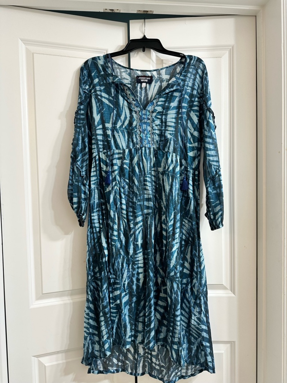Johnny Was Teal and Blue Leaf-Print Boho Tunic